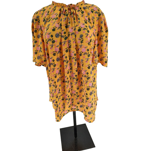 Tahari Woman's Yellow Floral Chiffon Blouse Size 3X Flutter Sleeve Keyhole Neck - Picture 1 of 9